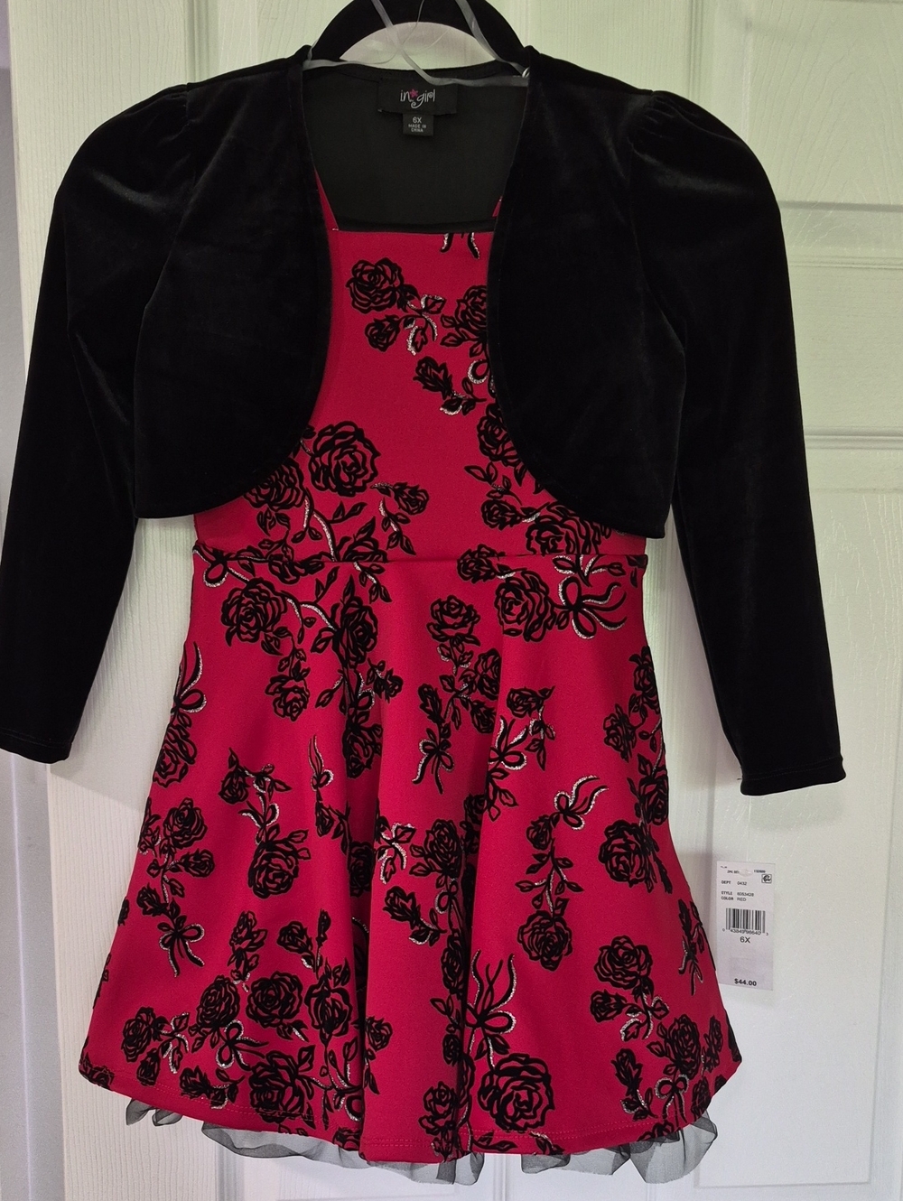 NWT Floral Fit-and-Flare Dress with Black Velvet Bolero & Removable Jacket 6X